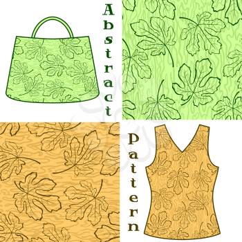 Set Seamless Patterns, Contours Fig Tree Leaves and Abstract Background, Elements for Your Design, Prints and Banners, For the Example Presented in a Female Top and a Bag. Vector