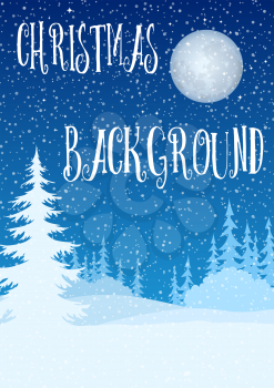 Christmas Holiday Background, Winter Woodland Landscape, Night Forest, Fir Trees and Bushes Silhouettes, Blue Sky with Moon and Snow. Eps10, Contains Transparencies. Vector
