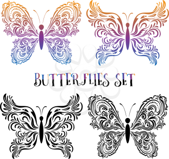 Set Butterflies Pictograms, Colorful and Contours Floral Ornament Isolated on White Background. Vector
