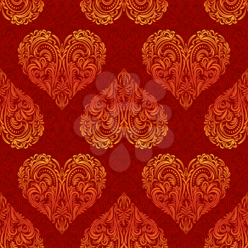 Seamless Background, Valentine Holiday Hearts with Red and Golden Floral Pattern of Symbolical Plants. Vector