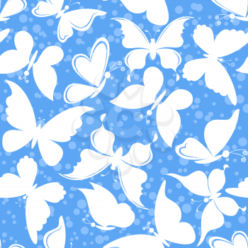 Seamless Background, Butterflies White Silhouettes on Blue Tile Pattern. Vector