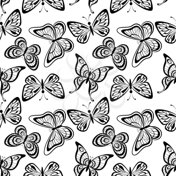 Seamless Tile Pattern, Butterflies Black Silhouettes Isolated on White Background. Vector