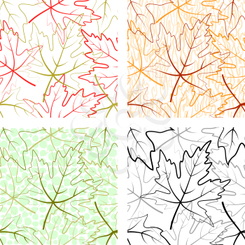 Set Seamless Patterns, Maple Leaves Colorful Pictograms, Tile Floral Background. Vector