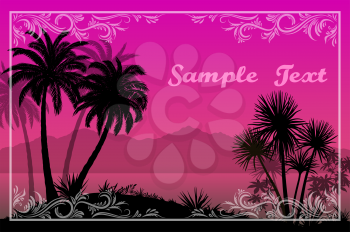 Exotic Landscape, Tropical Palms Trees, Plants and Flowers Silhouettes and Frame with Floral Pattern on a Background of the Morning Sea and Mountains. Eps10, Contains Transparencies. Vector