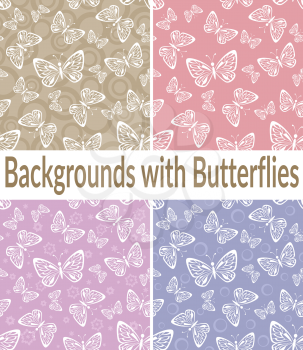 Set Seamless Backgrounds, Tile Patterns of White Outline Butterflies, Flowers and Rings. Vector