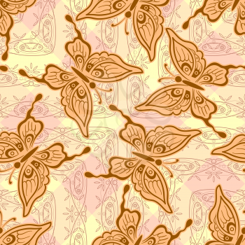 Seamless Background, Symbolical Brown Butterflies and Abstract Tile Pattern. Vector