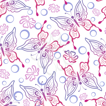 Seamless Background, Butterflies Contours and Flowers,Tile Pattern. Vector