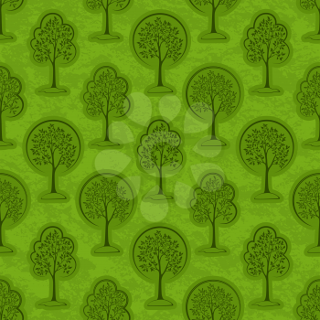 Seamless Pattern, Forest, Trees Outline Pictograms on Green Tile Background. Vector