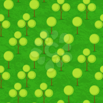 Seamless Pattern, Symbolic Trees with Round Crowns on Green Tile Background. Vector