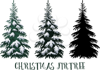 Christmas Fir Tree, Green with White Snow and Black Silhouette Isolated on White Backgrounds. Vector