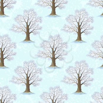 Seamless Pattern, Oak Tree, Season Winter, on Tile White and Blue Background. Vector