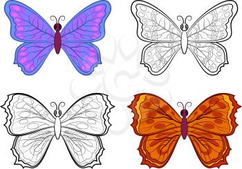 Set Butterflies, Colorful and Black Contours Isolated on White Background. Vector
