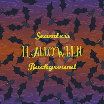 Seamless Halloween Holiday Pattern, Bats Fly in the Night Sky. Vector
