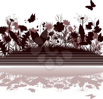 Flowers and Butterflies Silhouettes, Symbolic Landscape on White Background. Vector