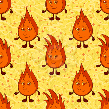 Tile Pattern, Cartoon Smiling Funny Flames with Red Hair on Abstract Seamless Background. Vector