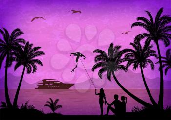 Exotic Landscape, People with Kites on Tropical Beach with Palm Trees Silhouettes, Ship In Ocean, Seagulls and Mountain Silhouettes. Vector