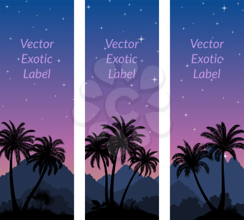 Labels with Tropical Landscape, Palms Trees and Exotic Plants Black Silhouettes on Background with Night Starry Sky. Vector