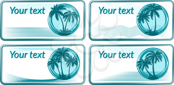 Business Card or Labels with Tropical Landscape, Palms Trees and Grass Blue Silhouettes on White Background with Rings, Waves and Lines. Vector