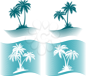 Pictograms, Exotic Landscape with Tropical Palms Trees Blue and White Silhouettes and Wave Lines. Icons, Logo or Labels. Vector
