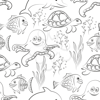 Seamless Pattern, Cartoon Sea Creatures, Dolphin, Fish, Turtle, Octopus and Algae Black Contours Isolated on White Tile Background. Vector