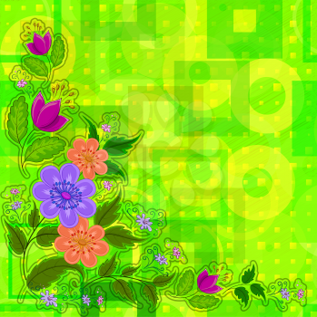 Flowers and Leafs on Abstract Yellow Green Background with Circles and Squares. Vector