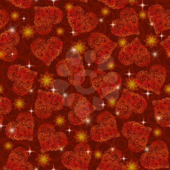 Seamless Background, Valentine Holiday Hearts with Tile Pattern of Symbolical Flowers, Plants, Stars and Rings. Eps10, Contains Transparencies. Vector
