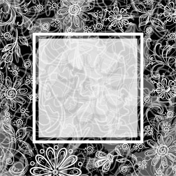 Background with Outline Floral Pattern and Square Frame, Black, White and Grey