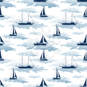Seamless Pattern, Sailboats Ships and Yachts Silhouettes in the Sea with Symbolical Blue Waves. Vector