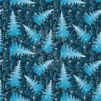 Seamless Pattern, Christmas Holiday Trees Blue Silhouettes on Abstract Tile Background with Stars. Vector