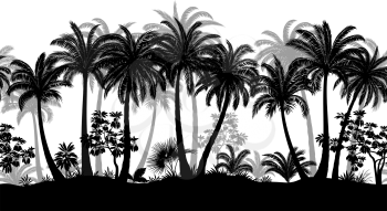 Horizontal Seamless Pattern, Summer Tropical Forest, Tile Landscape with Exotic Palms Trees and Grass, Black and Grey Silhouettes on White Background. Vector
