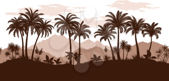 Exotic Horizontal Seamless Landscape, Palm Trees and Tropical Plants Silhouettes on the Background of Mountains and Clouds. Vector