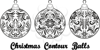 Christmas Holiday Decoration, Set Balls with Floral Pattern, Contours. Vector