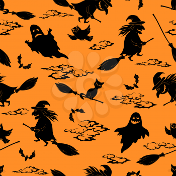 Seamless Halloween Pattern, Cartoon Character Black Silhouettes, Witch and Cats on Brooms and Flight Ghosts, Tile Holiday Background. Vector
