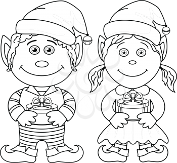 Cartoon Christmas elves, boy and girl with holiday gift boxes, black contour on white background. Vector