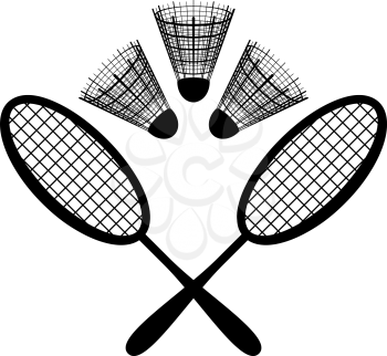 Set objects of sporting equipment for badminton game: rackets and shuttlecocks, black silhouette on white background. Vector