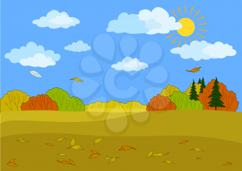 Autumn landscape: sunny blue sky with white clouds, forest and the falling leaves. Vector illustration