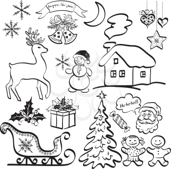 Christmas elements for holiday design, set of black cartoon silhouettes on white background. Vector