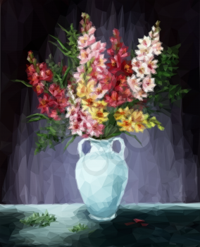 Freesia Flowers Bouquet in Amphora, Low Poly Picture. Vector