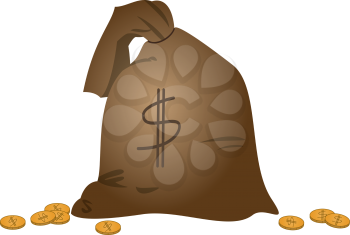 A symbol of wealth: canvas bag full of money with a dollar sign and gold coins. Vector.