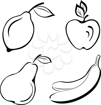 Set Fruits, Lemon, Apple, Pear and Banana Black Contour on White Background. Vector