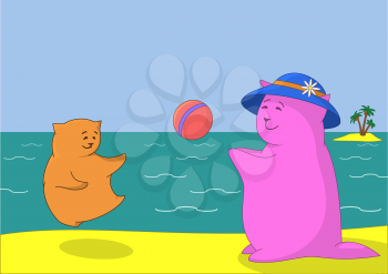 Toy cartoon animals, mother and son playing with a ball on the beach. Vector