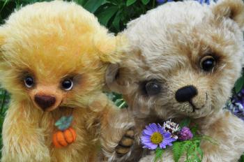 Handmade, the sewed toys: two friends teddy bears among flowers