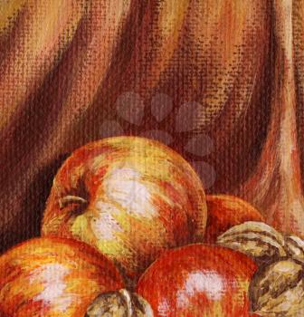 Picture, apples and nuts on background of red cloth. Hand draw painting, oil paints on a canvas.