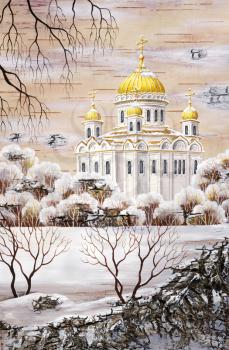 Picture, handmade, drawing distemper on a birch bark: the cathedral of the Christ of the Savior, Russia, Moscow