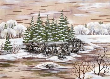 Winter natural landscape. Handmade, drawing distemper on a birch bark