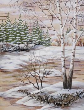 Picture, winter landscape. hand-draw, distemper on a birch bark