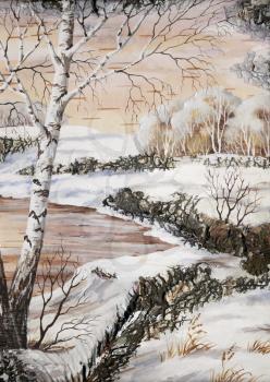 Handmade, drawing distemper on a birch bark: winter siberian landscape