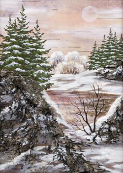 Picture, winter natural landscape. Handmade, drawing distemper on a birch bark