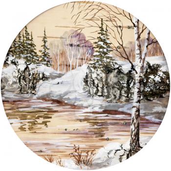 Picture, winter natural landscape. Handmade, drawing distemper on a birch bark