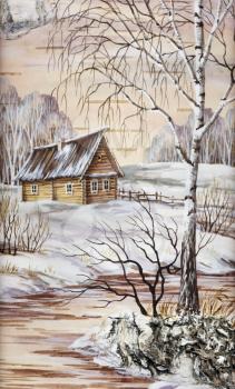 Landscape, house in forest. Drawing distemper on a birch bark